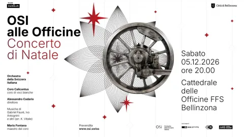 Locandina del Concerto di Natale: «OSI alle Officine, Concerto di Natale», sabato 5 dicembre 2026 alle 20 nella Cattedrale delle Officine FFS di Bellinzona, con una ruota di locomotiva al centro di una stella rossa.